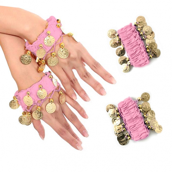 Belly Dance Handkette Armband Handschmuck Fasching Tanzen Bauchtanzen Handgelenk Manschette Verkleidung Armbänder mit goldfarbenen Münzen (Paar) in rosa